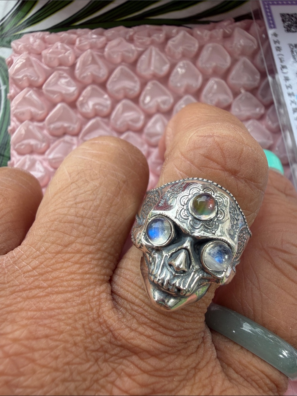 Sterling Skull Ring with Moonstone Accents - blue  Hues Ring size 8/9 can fit